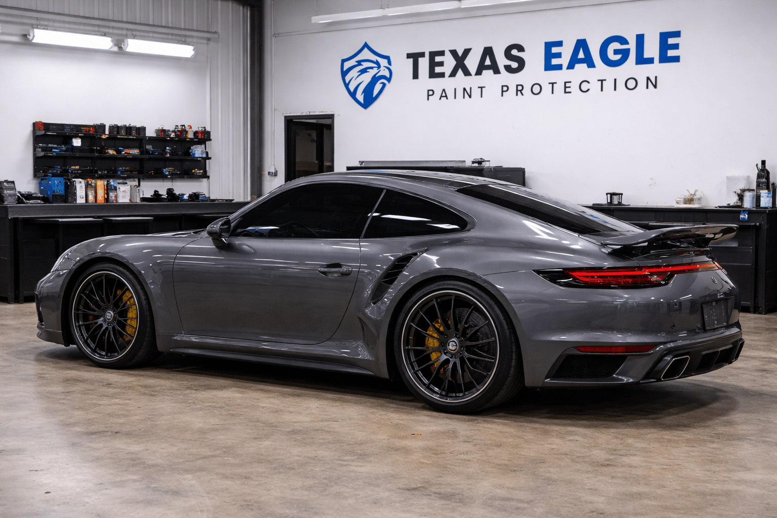 porsche-in-showroom Porsche with full body PPF and window tint